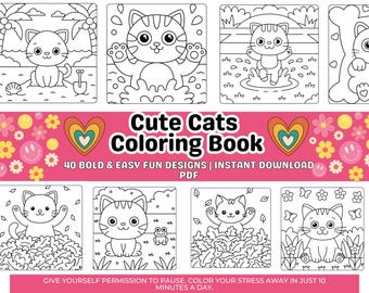 Libro da colorare di gatti, 40 disegni facili (download digitale)
