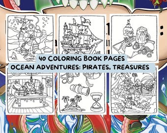 Libro da colorare sui pirati: 35 pagine di avventure oceaniche disegnate a mano (download digitale)
