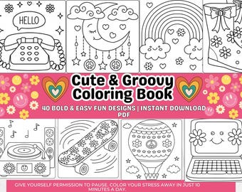 Libro da colorare Retro Hippie / 6 pagine facili e audaci (download digitale)