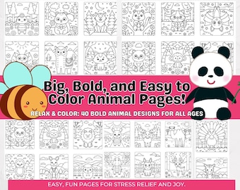 Libro da colorare di animali: 40 disegni rilassanti a caratteri grandi (download digitale)