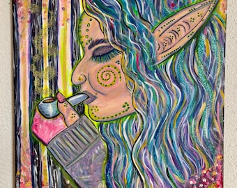 Dipinto acrilico originale – “Polvere di fata” Glitter, reattivo ai raggi UV, si illumina al buio, 16x20