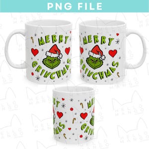 May include: Three white ceramic mugs with a Grinch Christmas design. The mugs feature a green Grinch with a red Santa hat, hearts, candy canes, and the text "Merry Grinchmas".