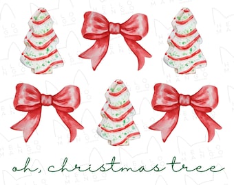 Red Bow and Christmas Tree Cakes PNG, Holiday Clipart (Digital Download)