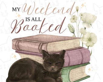 Bookish, Cat and Books, Book Lover, Floral Books PNG (Digital Download)