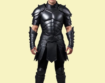 Men&#39;s Leather Black Armor And Kilt - Handmade Men Medieval costume - Larp Cosplay Men Armor - Men Warrior Armor and kilt - gift For Him