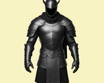 Medieval Men&#39;s Leather Black Armor - Genuine Leather Men Cosplay Armor Kilt - Men&#39;s Halloween Full Costume - Gift For Him