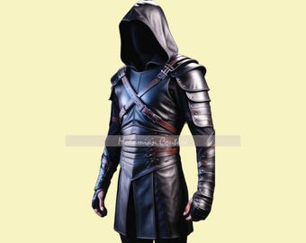Armadura negra de cuero genuino para hombres -Armadura con capucha de cuero gótico hecha a mano -Armadura medieval para hombres de cuero premium-Armadura de guerrero cosplay-Regalo para él