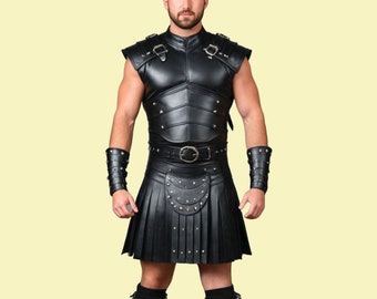 Genuine Leather Men Black Armor With Kilt -Premium Leather Medieval Costume - Classic Leather Warrior Armor Set - Cosplay Armor-Gift For Him