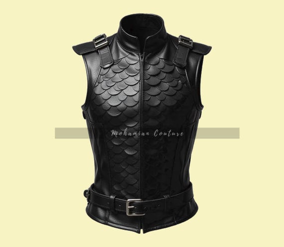 Genuine Leather Men Black Gothic Vest Handmade Scale Style