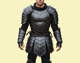 Armadura negra cosplay de cuero genuino -Armadura medieval hecha a mano para hombres -Armadura gótica de cuero de vaca - Traje de Halloween de cuero clásico -Regalo para él
