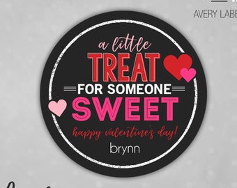 Chalkboard Valentine's Sticker/Tag, Sweet Treat Bag Circle Labels, Pink and Red Hearts, Instant download Avery Template #22877