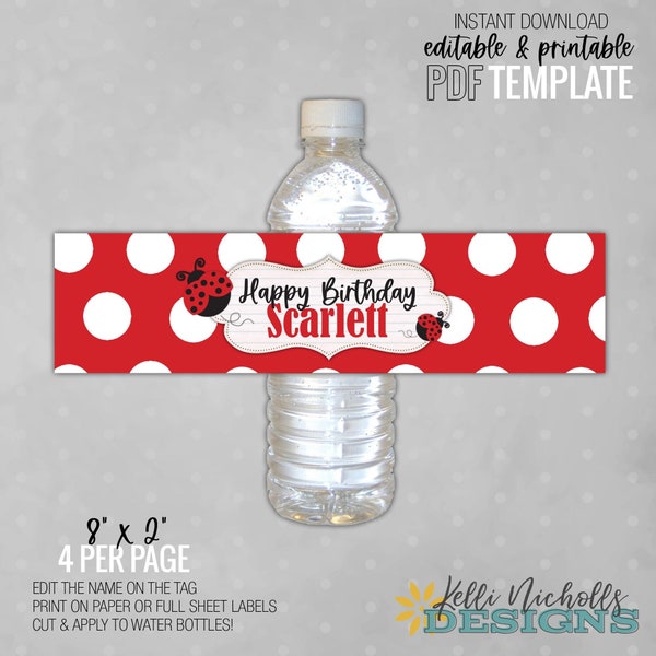 Birthday Ladybug Water Bottle Label Template, PDF Template, Instant download #B111