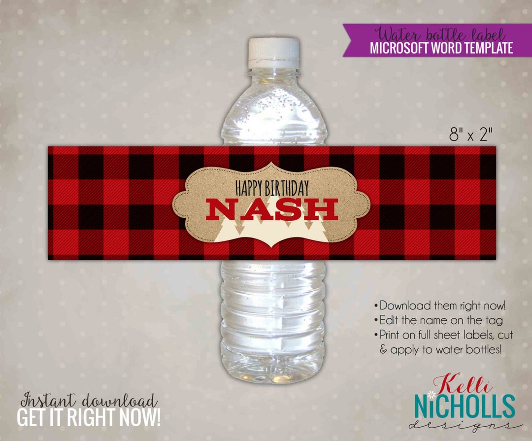 Lumberjack Water Bottle Label Template, Lumberjack Party Decoration, Red Buffalo Plaid, Instant ...