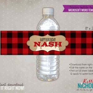 Lumberjack Water Bottle Label Template, Lumberjack Party Decoration, Red Buffalo Plaid, Instant Download #B124