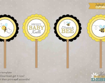 Bumble Bee Baby Shower Cupcake Topper Template, Mommy to Bee Decorations, DIY, Instant Download #S104