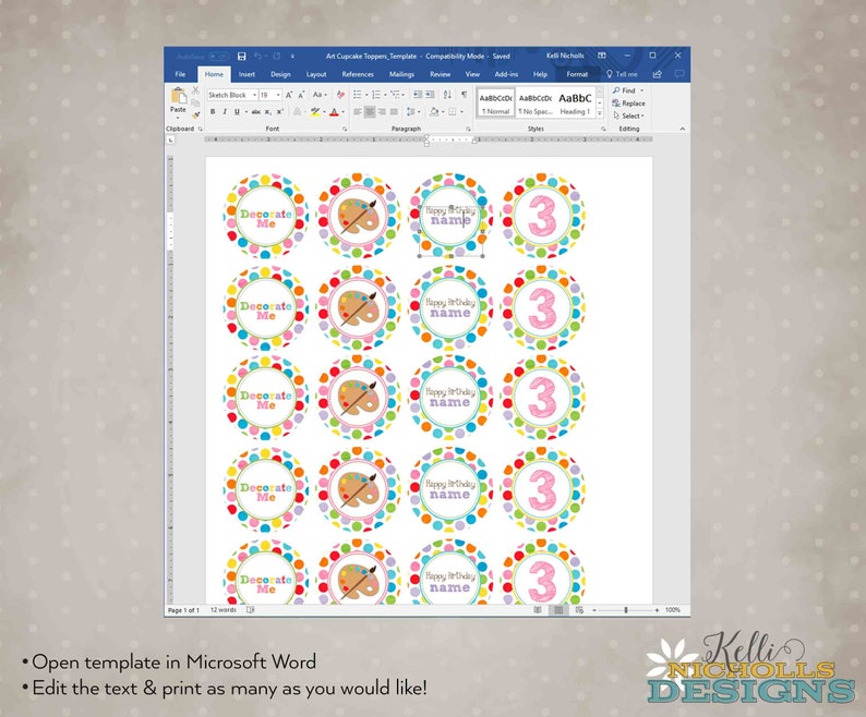 Custom Art Birthday Party Cupcake Toppers Template Children Etsy