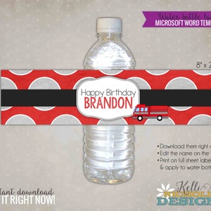 Custom Fire Truck Bottle Label Template, Fireman Birthday Party Decoration, Instant Download #B118