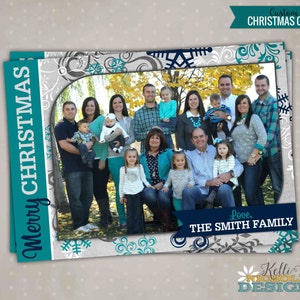 Custom Teal & Navy Blue Snowflake Photo Christmas Card, Printable Holiday Greeting Card, Family Picture #C107