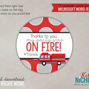Fire Truck Birthday Party Custom Party Favor Tags, Fireman Birthday Decorations, Instant Download #B118
