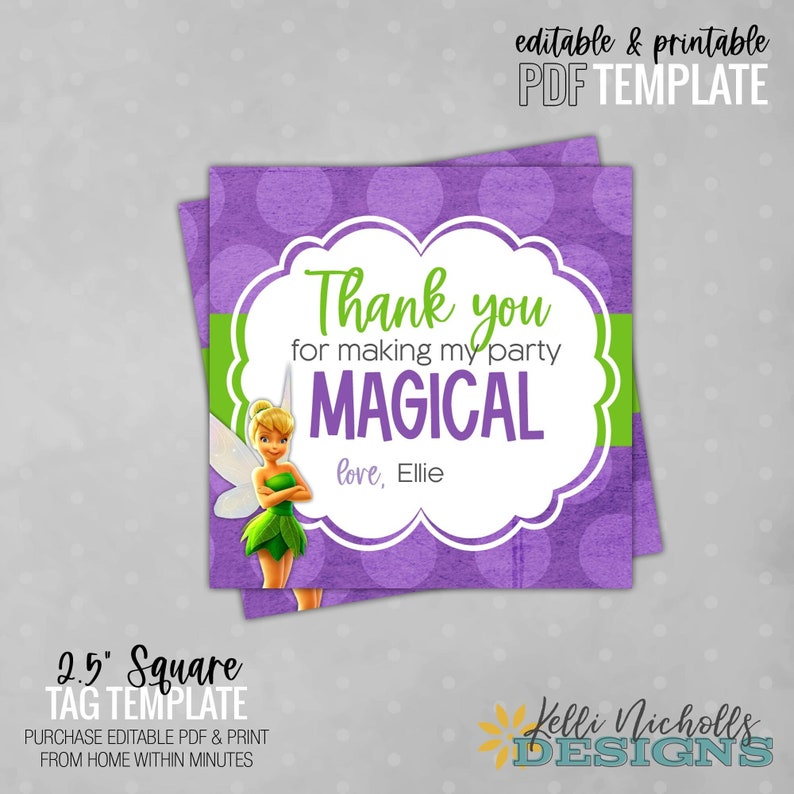 Tinkerbell Birthday Party Favor Tag PDF Template, Print at Home PDF Template, Instant Digital Download PDF Template B133 image 1