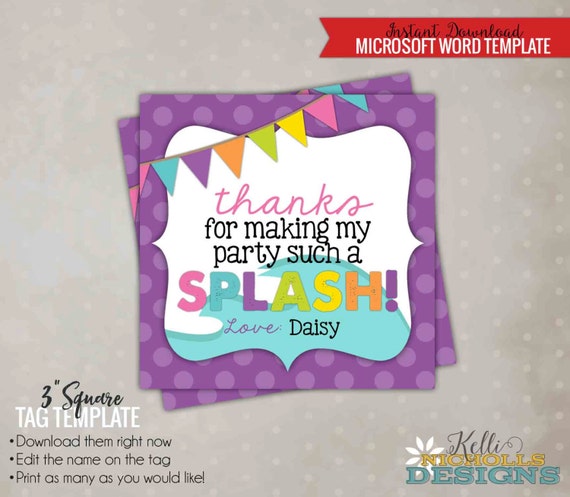 birthday pool party favor tag template summer wave pool etsy