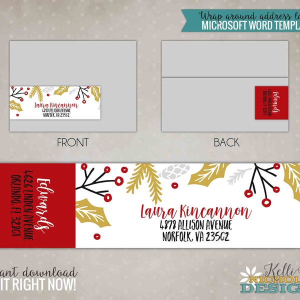 Mod Holly Christmas Wrap Around Address Label Template, Instant Download #C109