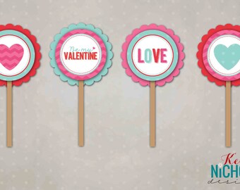 Valentine Cupcake Topper, Printable, Favor Tags, Instant Download, 4 Designs