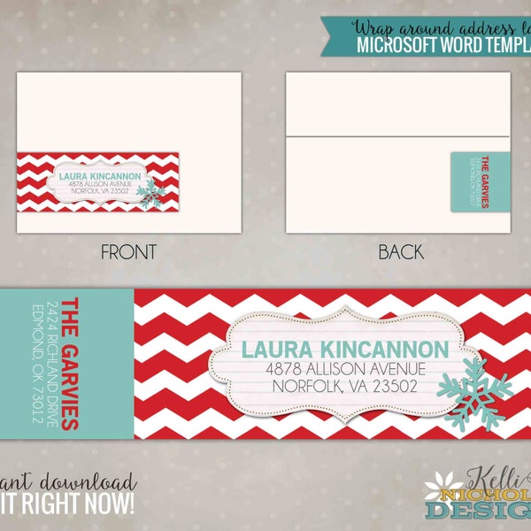 Red Chevron & Light Turquoise Wrap Around Address Label Template, Instant Download