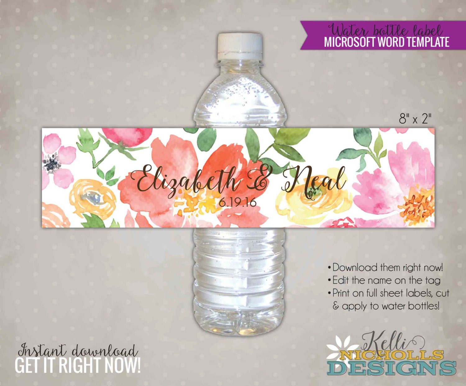 Custom Watercolor Floral Wedding Water Bottle Labels, DIY Custom Stickers, Floral Wedding Decorations, Instant Download #S111