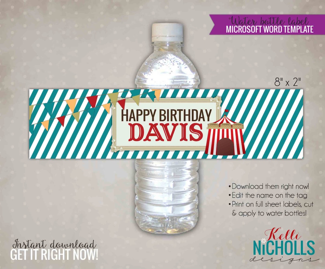 Carnival Water Bottle Label Template, Vintage Circus Party Decoration ...