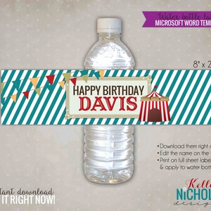 Carnival Water Bottle Label Template, Vintage Circus Party Decoration, Instant Download #B106