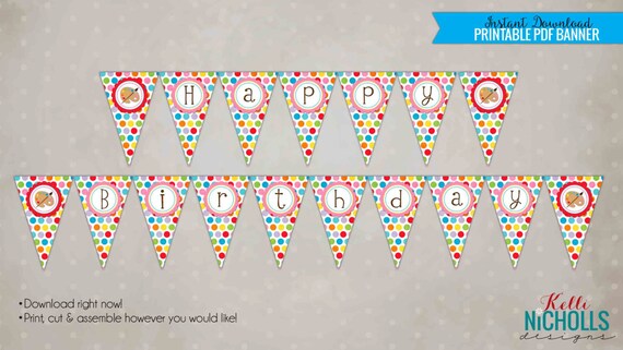 Children's Art Birthday Banner, Painting Party Custom Printable Pennant Banner, Party Decoration #B102