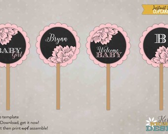 Chalkboard Floral Baby Girl Shower Cupcake Toppers Template, Baby Shower Decorations, DIY, Instant Download #S120