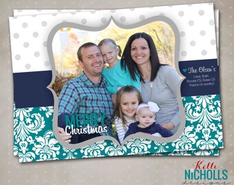 Custom Damask Teal & Navy Blue Photo Christmas Card, Printable Holiday Polka Dot Greeting Card Picture