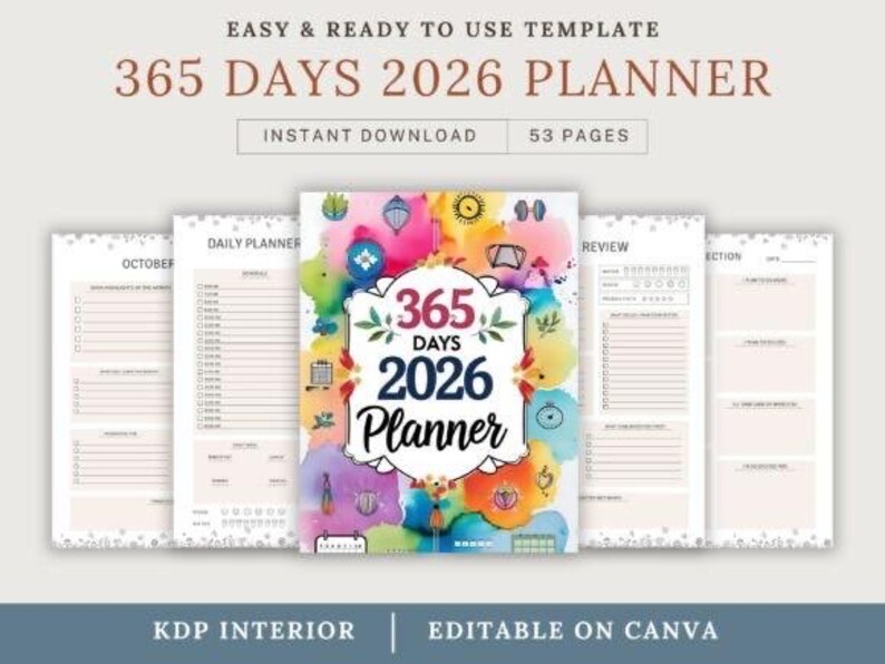 2026 Daily Planner 365 Days Printable Organizer Editable Canva Template ...