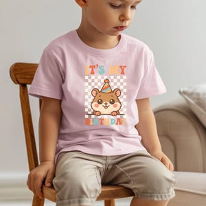 May include: A light pink t-shirt featuring a cartoon hamster wearing a party hat, set against a checkered background. The text "IT'S MY BIRTHDAY" is displayed above and below the hamster. The shirt is worn by a child.