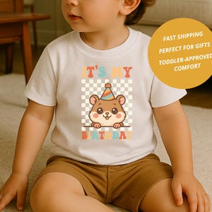 May include: A white toddler t-shirt featuring a cartoon hamster wearing a party hat. The text "IT'S MY BIRTHDAY" is printed above and below the hamster in colorful, retro-style lettering. The background is a checkered pattern.