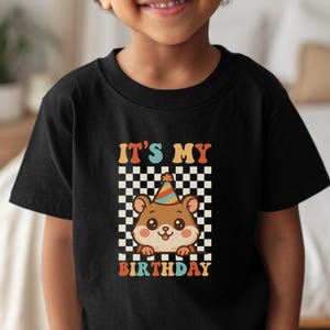 May include: Black t-shirt featuring a cartoon hamster wearing a party hat, set against a checkered background. The text "IT'S MY BIRTHDAY" is displayed in colorful, retro-style lettering. A fun, celebratory design.