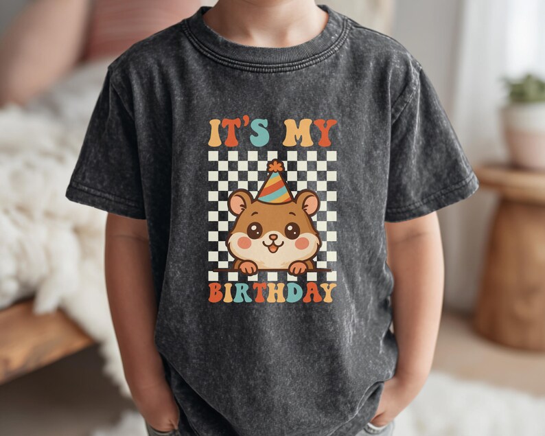 May include: A charcoal gray t-shirt featuring a cartoon hamster wearing a party hat, set against a checkered background. The text "IT'S MY BIRTHDAY" is displayed in a retro font. The shirt is made of a soft material.