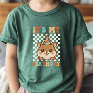 May include: Green t-shirt with the text "IT'S MY BIRTHDAY" in orange, teal, and yellow. A cartoon hamster wearing a party hat is in the center, set against a checkered background. The shirt is made of a soft material.