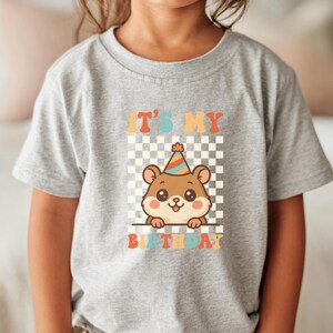 May include: A gray short-sleeved t-shirt featuring a cartoon hamster wearing a party hat. The shirt has the text "IT'S MY BIRTHDAY" in colorful letters, with a checkered background behind the hamster.