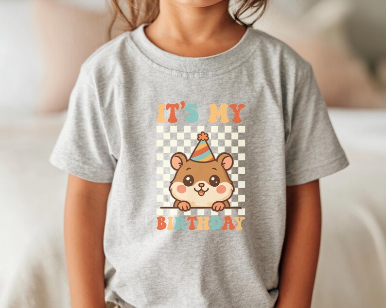May include: A gray short-sleeved t-shirt featuring a cartoon hamster wearing a party hat. The shirt has the text "IT'S MY BIRTHDAY" in colorful letters, with a checkered background behind the hamster.