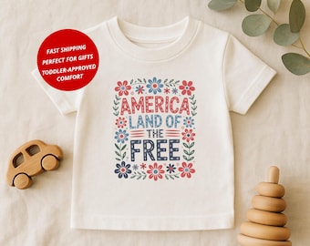 Camiseta de EE. UU. para niño pequeño, camiseta "América, Tierra de la Libertad", atuendo infantil del 4 de julio, camiseta patriótica para niño pequeño. Camiseta roja, blanca y azul.