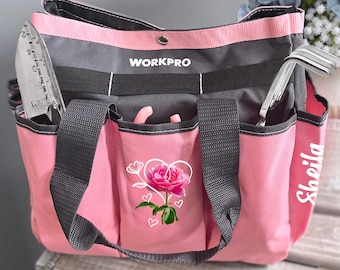 Personalisierte Gartenwerkzeugtasche, Gartenwerkzeugtasche, Gartenarbeit Caddy, rosa Gartentasche, (Werkzeuge nicht eingeschlossen) Gartengeschenk, Valentinstag, Muttertag