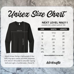 May include: A black long-sleeve tee shirt with a size chart. The chart shows measurements in inches for sizes XS to 3XL. The shirt is made of a 60% ring spun cotton and 40% polyester CVC blend.
