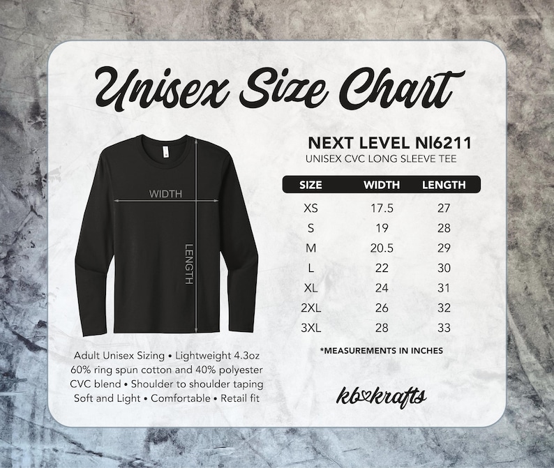 May include: A black long-sleeve tee shirt with a size chart. The chart shows measurements in inches for sizes XS to 3XL. The shirt is made of a 60% ring spun cotton and 40% polyester CVC blend.