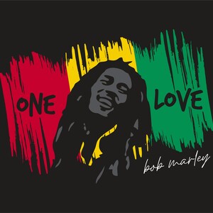 May include: Black graphic featuring Bob Marley with the words "ONE LOVE" in white text. The background has red, yellow, and green brushstrokes. The words "bob marley" are written in white script.