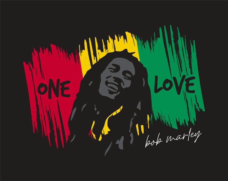 May include: Black graphic featuring Bob Marley with the words "ONE LOVE" in white text. The background has red, yellow, and green brushstrokes. The words "bob marley" are written in white script.