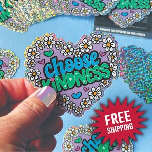 Sticker pailleté, Sticker Choisissez la gentillesse, Sticker Soyez aimable, Sticker 3 x 3, Sticker coeur pailleté, Sticker vinyle, Sticker imperméable à l'eau