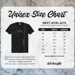 May include: A black t-shirt with a size chart labeled "Unisex Size Chart." The chart lists sizes XS to 3XL with corresponding width and length measurements in inches. The shirt is made of a blend of cotton and polyester.